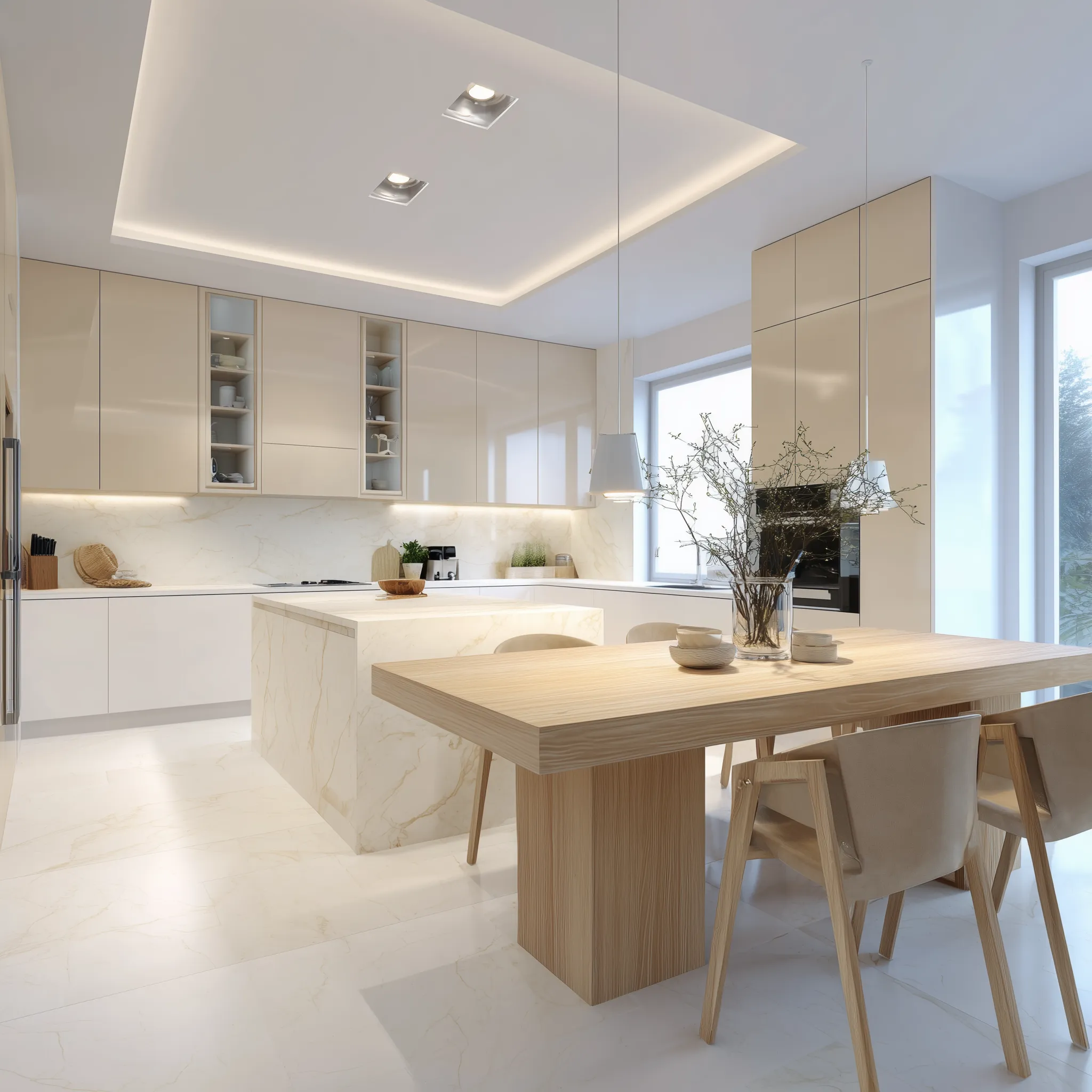 Desain dapur modern dengan island table marmer dan aksen kayu