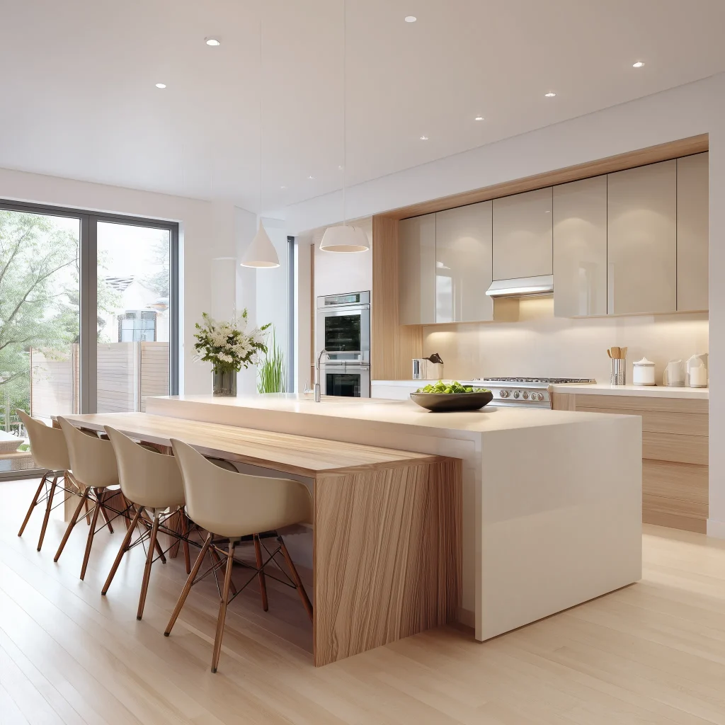 Inspirasi desain dapur minimalis dengan island table kayu dan kursi rotan