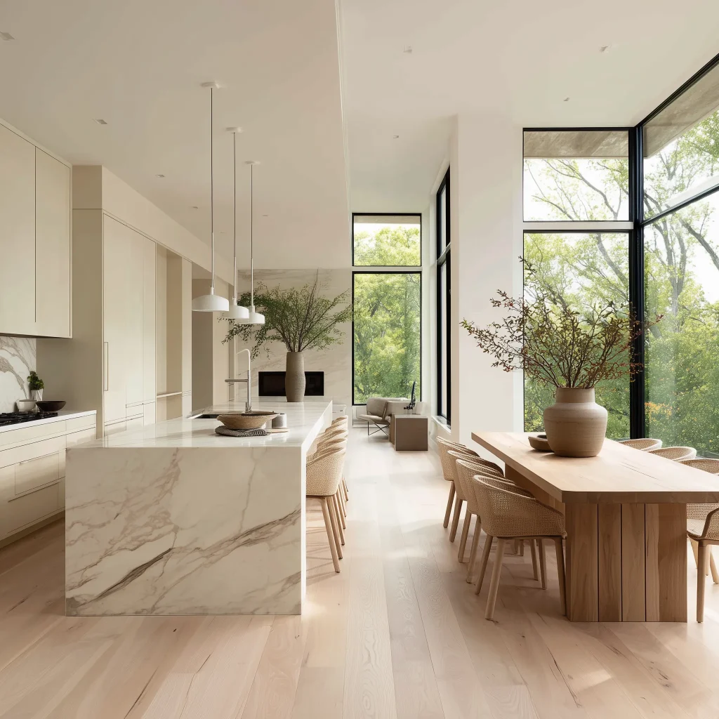 Sebuah ruang dapur dan makan modern yang megah dengan langit-langit tinggi dan jendela besar berbingkai hitam yang menghadap ke pemandangan hijau. Island dapur yang panjang terbuat dari marmer, bersebelahan dengan meja makan kayu panjang dan kursi-kursi anyaman.