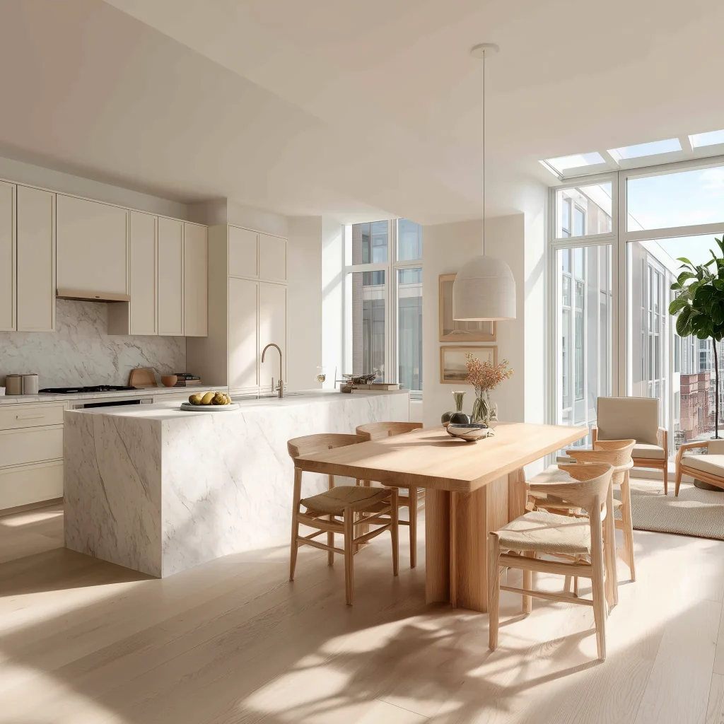 Sebuah dapur dan ruang makan modern di apartemen perkotaan yang dipenuhi cahaya alami. Dapur linier dilengkapi dengan kabinet ramping dan backsplash marmer. Meja makan dari kayu terang diletakkan di samping jendela besar, dengan kombinasi kursi kayu dan bangku built-in.