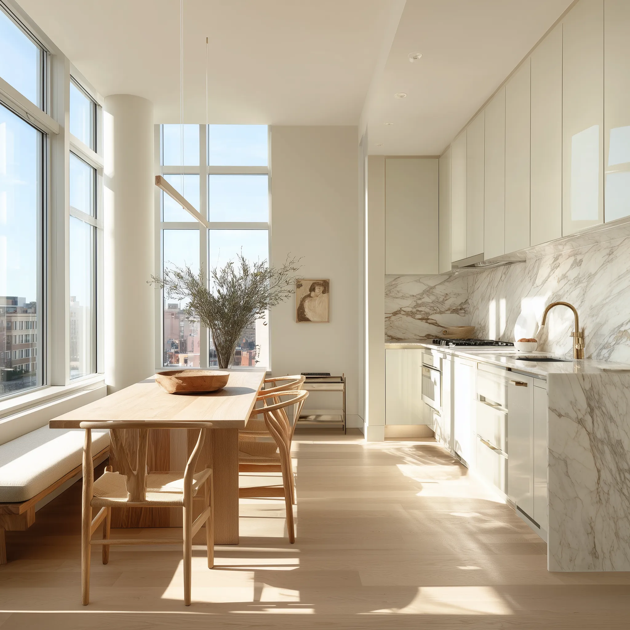 Sebuah dapur dan ruang makan berkonsep terbuka yang cerah dengan lantai kayu ringan. Dapur dilengkapi dengan kabinet krem dan sebuah island besar dari marmer. Meja makan kayu solid dikelilingi oleh kursi-kursi kayu dengan dudukan anyaman, diterangi oleh lampu gantung modern.