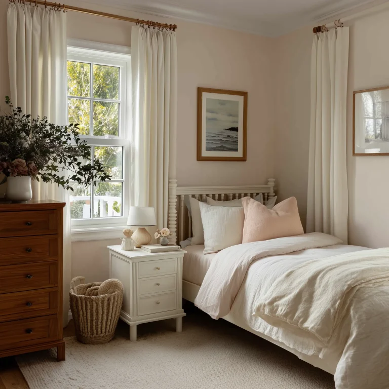 Interior kamar anak warna pastel classic dengan tempat tidur putih elegant, dresser kayu, bedding pink cream, wall art frame kayu, dan tirai putih lembut