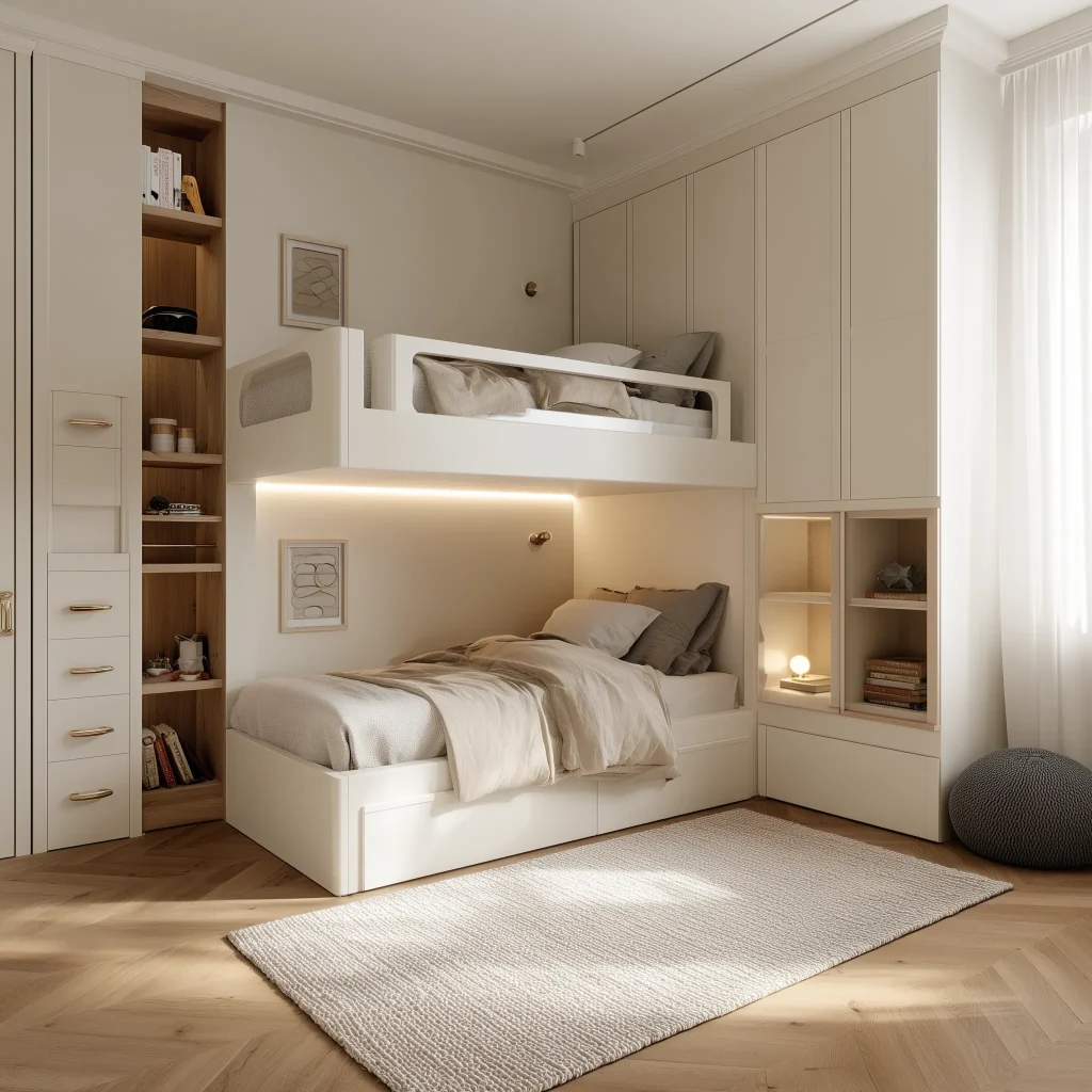Desain kamar anak 3x3 meter modern minimalist dengan built-in bunk bed putih, LED strip lighting, storage terintegrasi, dan aksen kayu