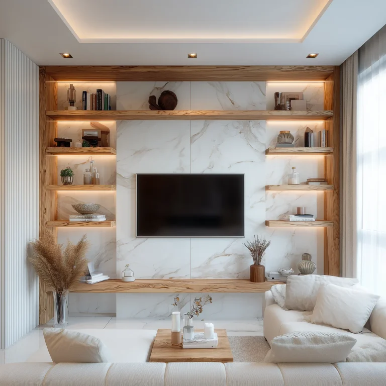 Ruang keluarga luxury contemporary dengan panel marble, built-in rak kayu walnut LED lighting, dan sofa putih organik