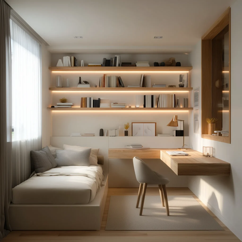 Interior kamar remaja minimalist dengan platform bed putih, floating desk dengan LED strip lighting, horizontal floating shelves kayu LED, kursi modern abu, dan flooring herringbone