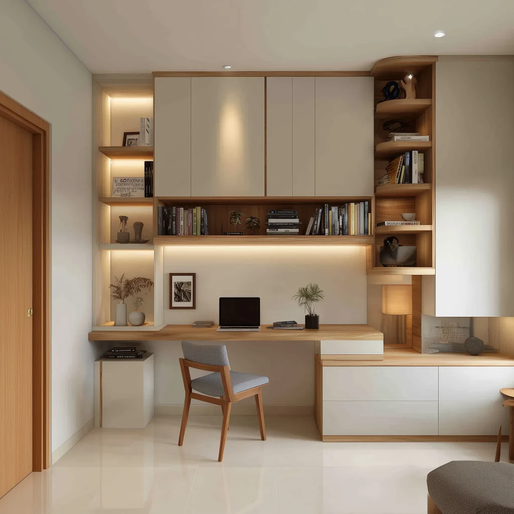 Interior kamar remaja modern dengan full wall built-in desk system, overhead cabinet putih dengan open shelves kayu LED, kursi kayu upholstered grey, dan flooring light oak