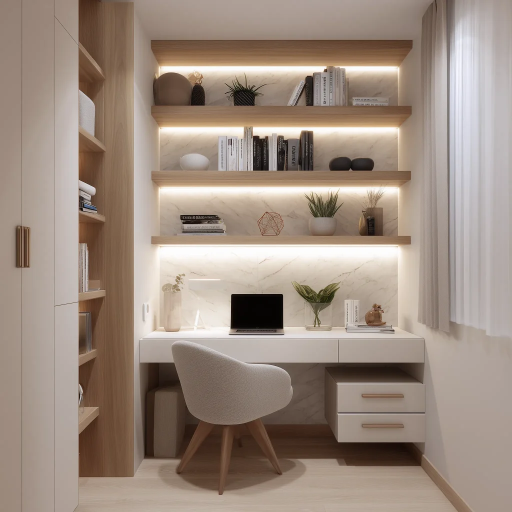 Interior kamar remaja compact dengan built-in desk floating putih, marble backsplash accent, floating shelves kayu LED lighting, kursi modern cream, dan ottoman tekstur