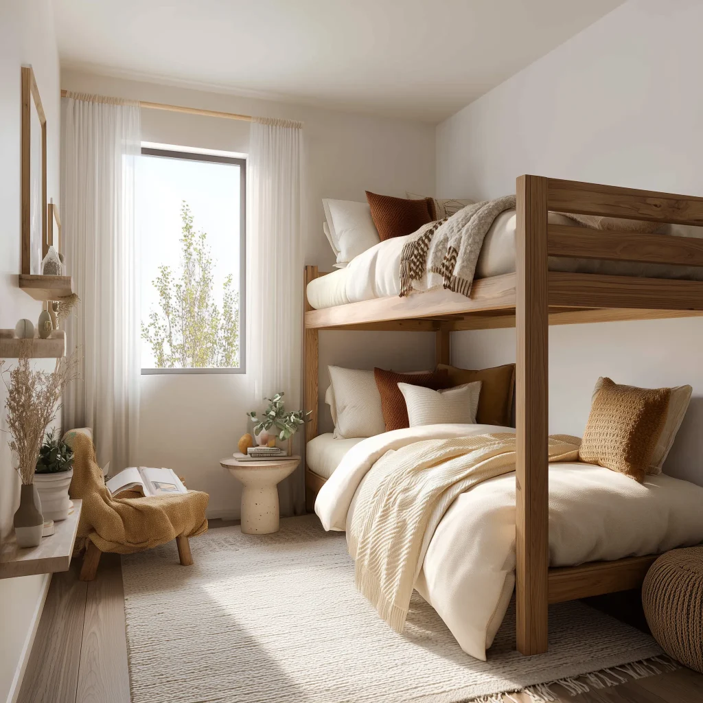 Interior kamar anak 3x3 meter warm boho dengan bunk bed kayu natural, bedding putih dengan accent pillow terracotta, floating shelves, dan side table bulat