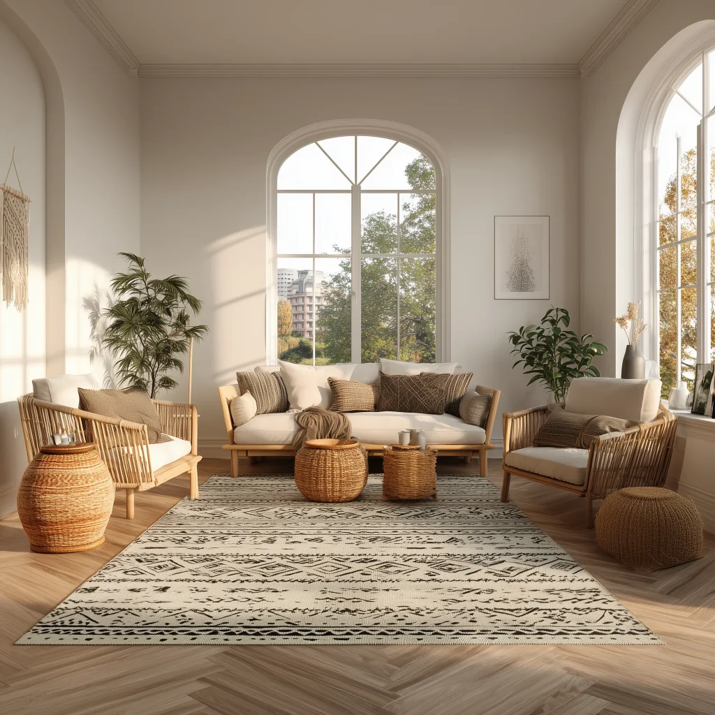 Desain ruang tamu gaya Scandinavian Boho dengan karpet motif etnik dan furnitur rotan