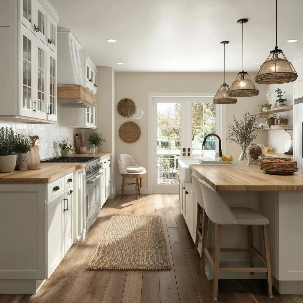 Desain Interior Dapur Farmhouse – Kombinasi Kayu Putih & Tone Natural