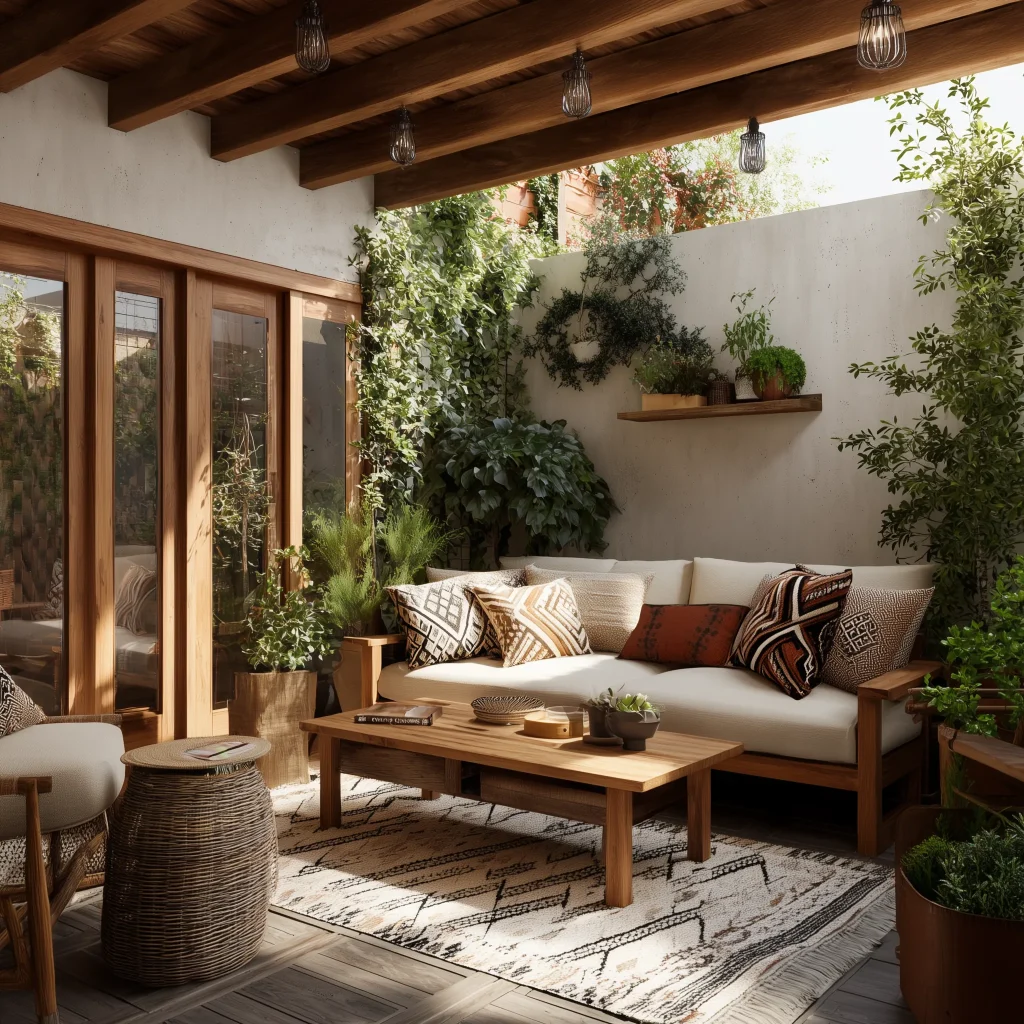 Desain ruang keluarga semi outdoor rustic boho dengan furnitur kayu solid, bantal bermotif etnik, karpet tribal, tanaman gantung, dan lampu vintage
