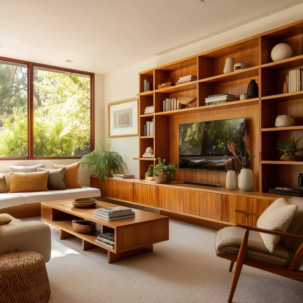 Interior ruang TV farmhouse modern dengan built-in shelving walnut, exposed wooden beam ceiling, dan wicker chair