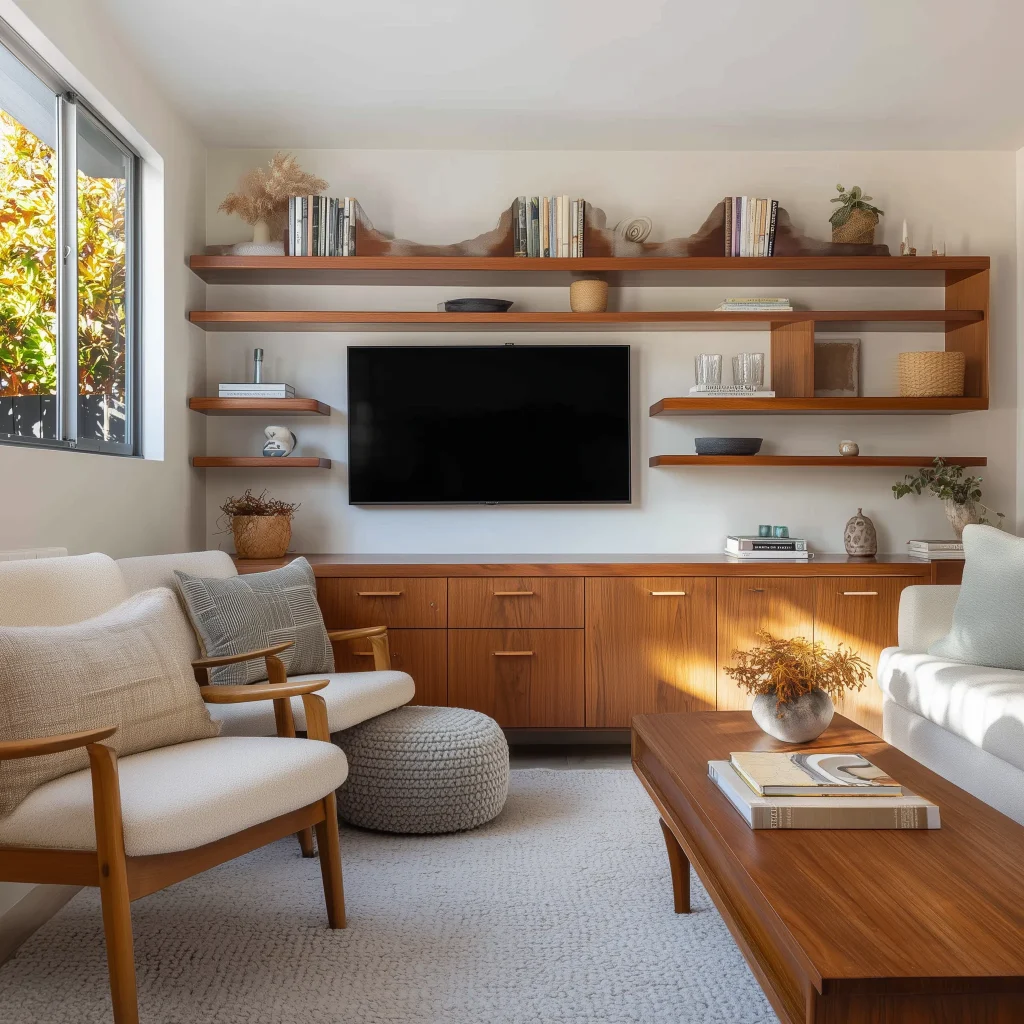 Desain ruang TV mid-century modern dengan built-in shelving kayu teak, kursi vintage, dan jendela besar dengan cahaya alami