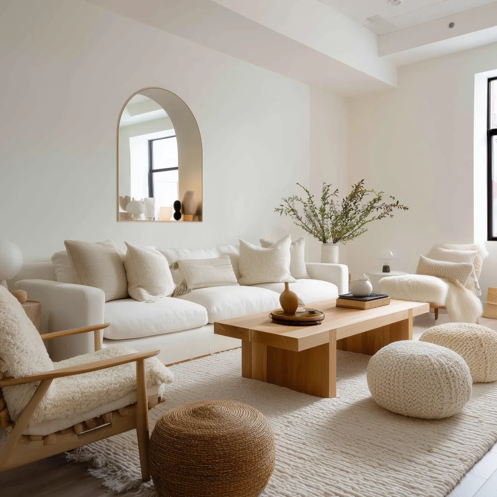 Interior ruang tamu all white Japandi minimalist dengan arch mirror brass frame, sofa putih dengan wooden arms, coffee table kayu solid chunky, chair kayu dengan sheepskin throw, ottoman rajut cream dan coklat