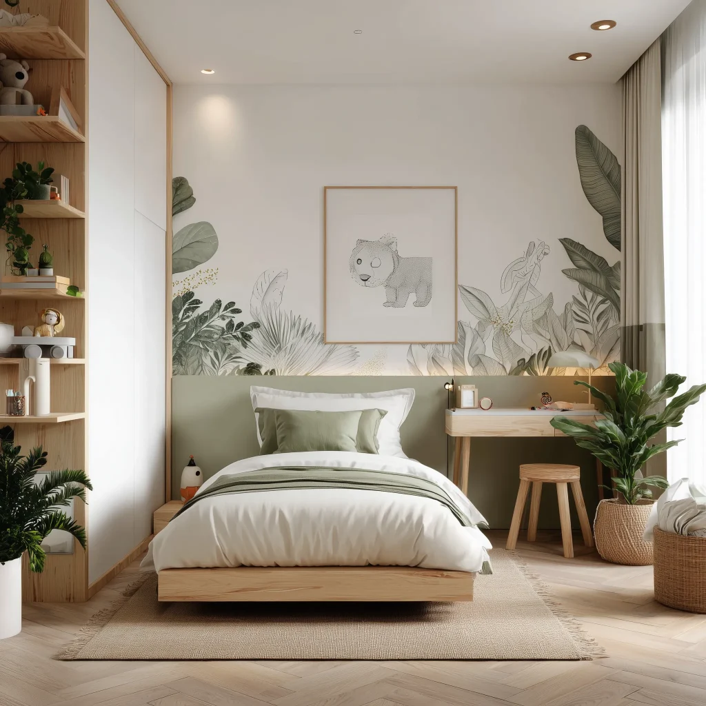 Interior kamar anak tema jungle Japandi dengan tempat tidur kayu low-profile, wall art botanical prints, floating shelves kayu, teddy bear, tanaman gantung, exposed beam ceiling, dan jendela arch