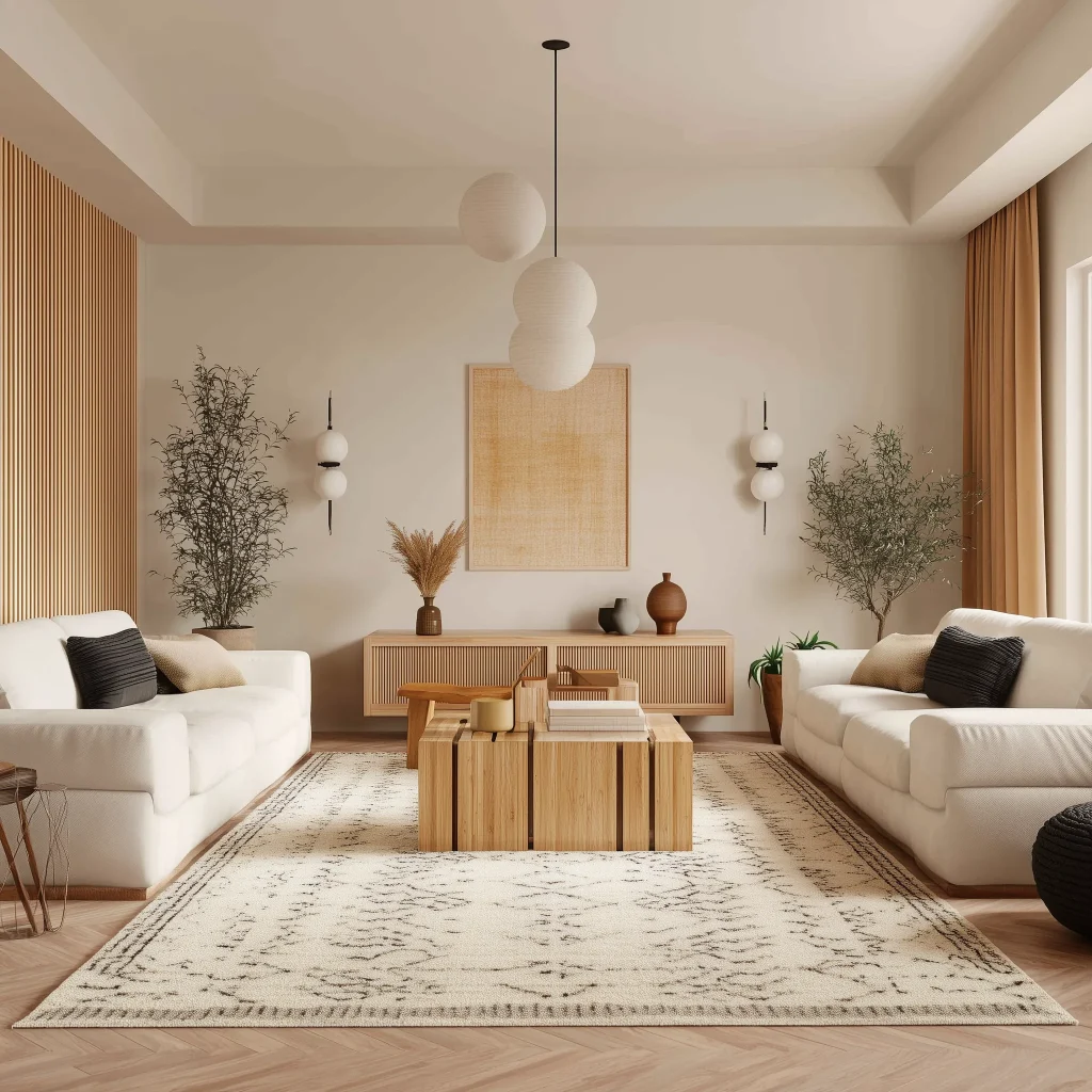 Desain ruang tamu modern minimalis dengan sofa putih dan perabotan kayu