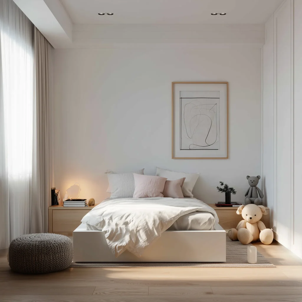 Interior kamar anak warna pastel minimalist modern dengan platform bed putih, bedding pink abu lembut, wall art line drawing, boneka teddy bear, dan ottoman rajut