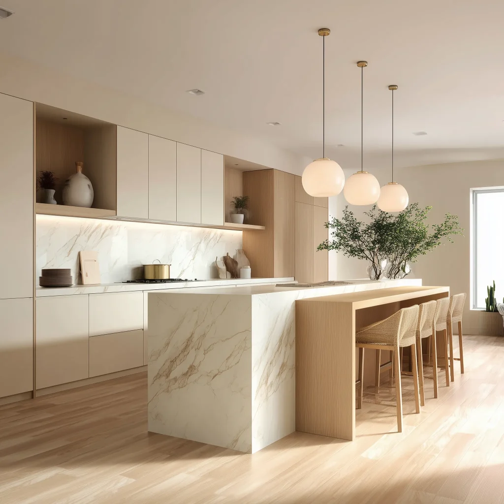 Desain dapur modern minimalis mewah dengan island table quartz dan basis kayu
