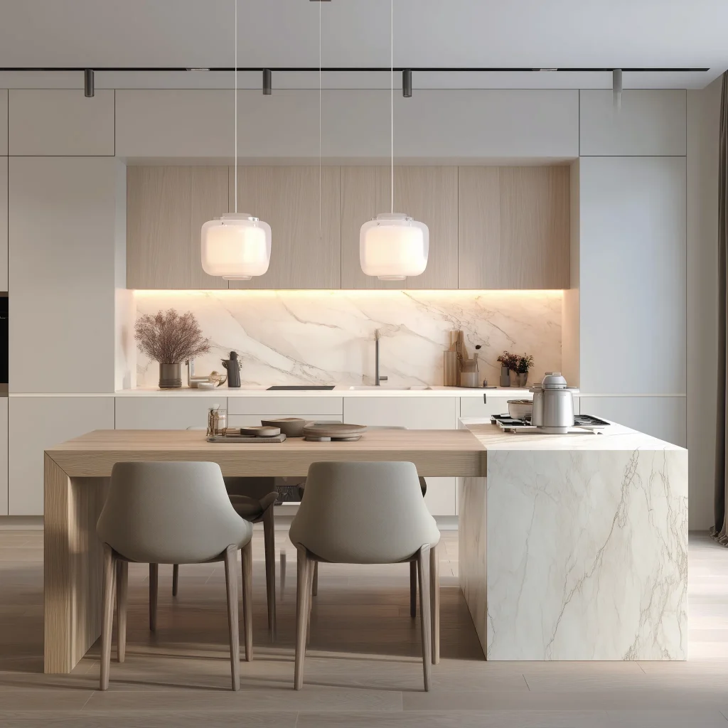 Inspirasi dapur modern mewah dengan island table dan pencahayaan tersembunyi