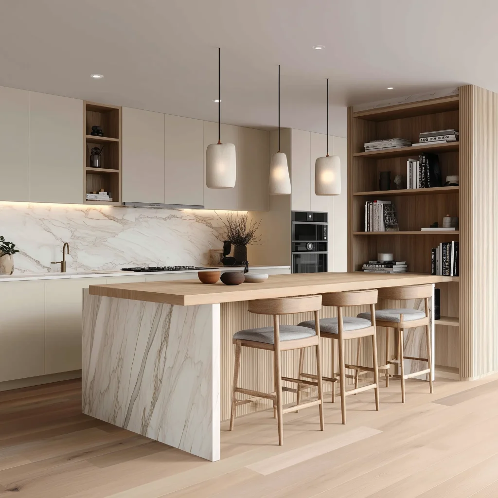 Dapur modern minimalis dengan island table yang menyatu dengan meja makan