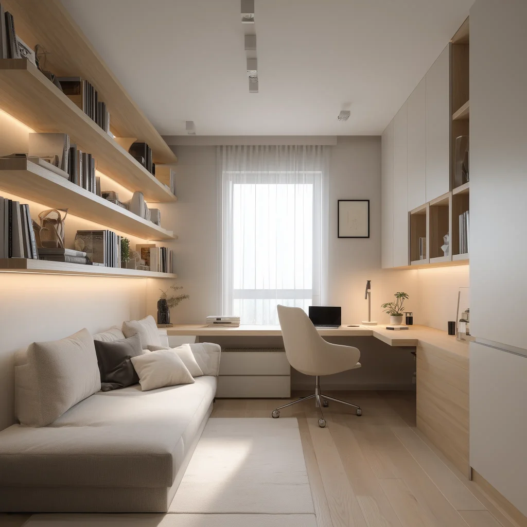 Kamar Remaja Boho Natural dengan Meja Belajar Built-in Kayu dan Floating Shelves