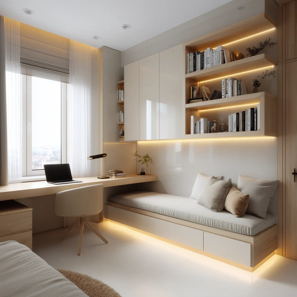 Desain kamar remaja modern luxury dengan built-in window seat bench storage, floating desk dengan LED strip lighting, upper cabinet putih dengan open shelves kayu, dan ottoman grey