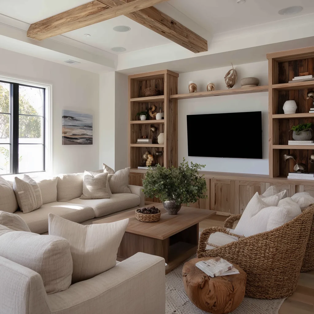 Interior ruang TV coastal rustic dengan built-in shelving kayu, exposed beam ceiling, dan wicker basket chair