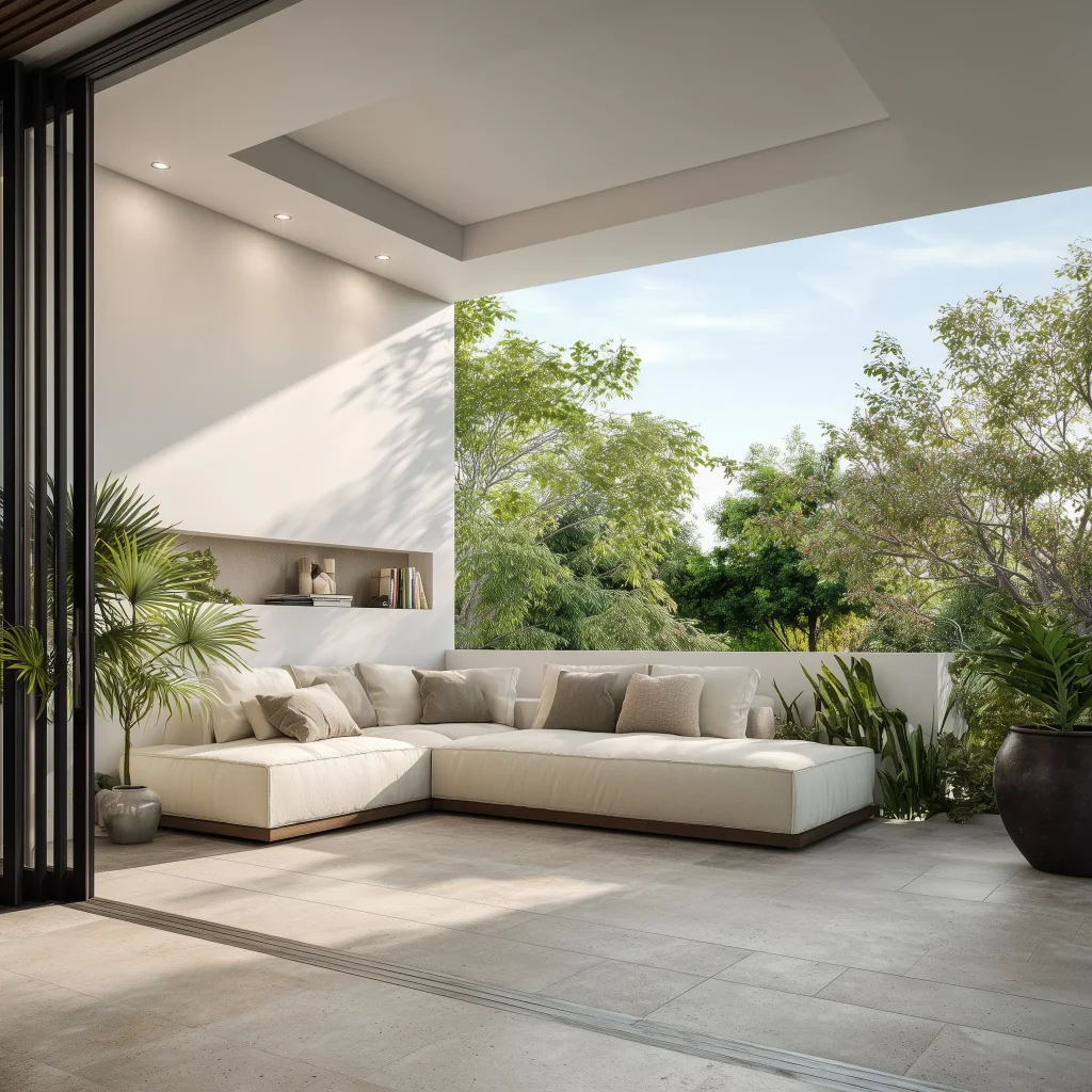 Desain ruang keluarga semi outdoor minimalis dengan sofa L putih besar, lantai keramik abu-abu, dan bukaan lebar ke taman hijau rimbun