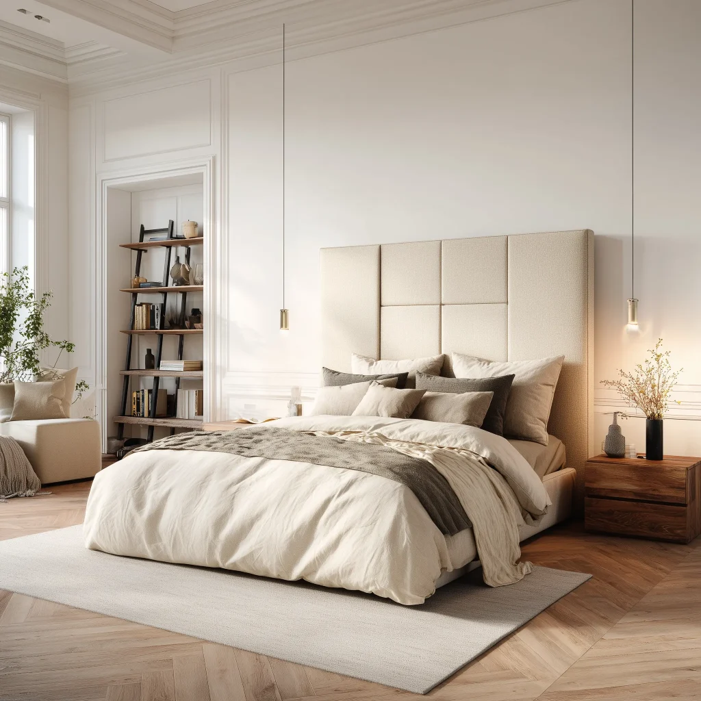 Desain kamar tidur utama contemporary dengan upholstered headboard panel beige tiga bagian, bedding putih cream layered, nightstand kayu walnut, pendant light brass, dan herringbone flooring
