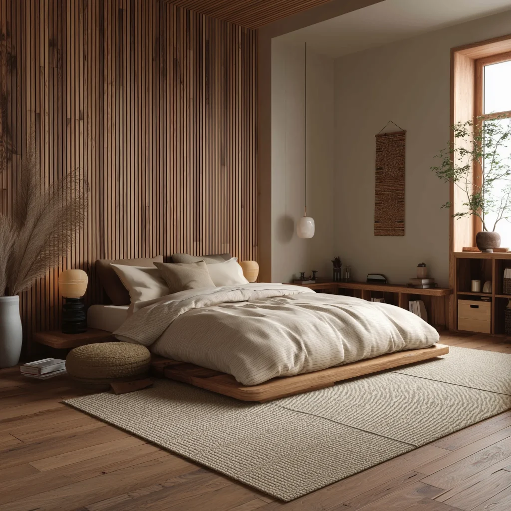 Sebuah kamar tidur Japandi yang simpel dan alami. Ranjang kayu dengan seprai warna netral, meja nakas dengan aksen rotan, dan keranjang anyaman besar di lantai. Jendela besar dengan tirai tipis memberikan pemandangan luar yang cerah.