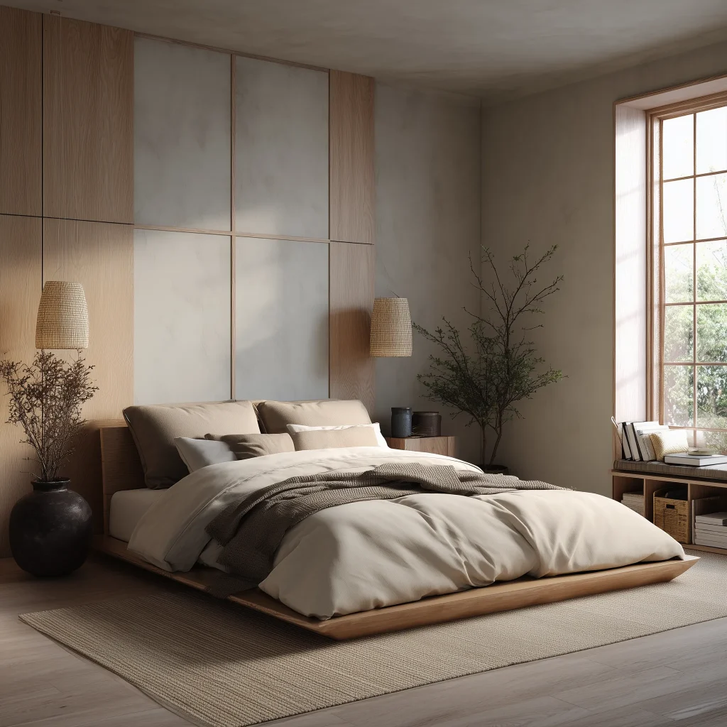 Kamar tidur Japandi yang hangat dan nyaman, dilengkapi dengan ranjang kayu, kursi santai, dan bangku kayu di ujung tempat tidur. Dindingnya dihiasi lukisan pemandangan abstrak, dan cahaya lembut masuk melalui jendela.
