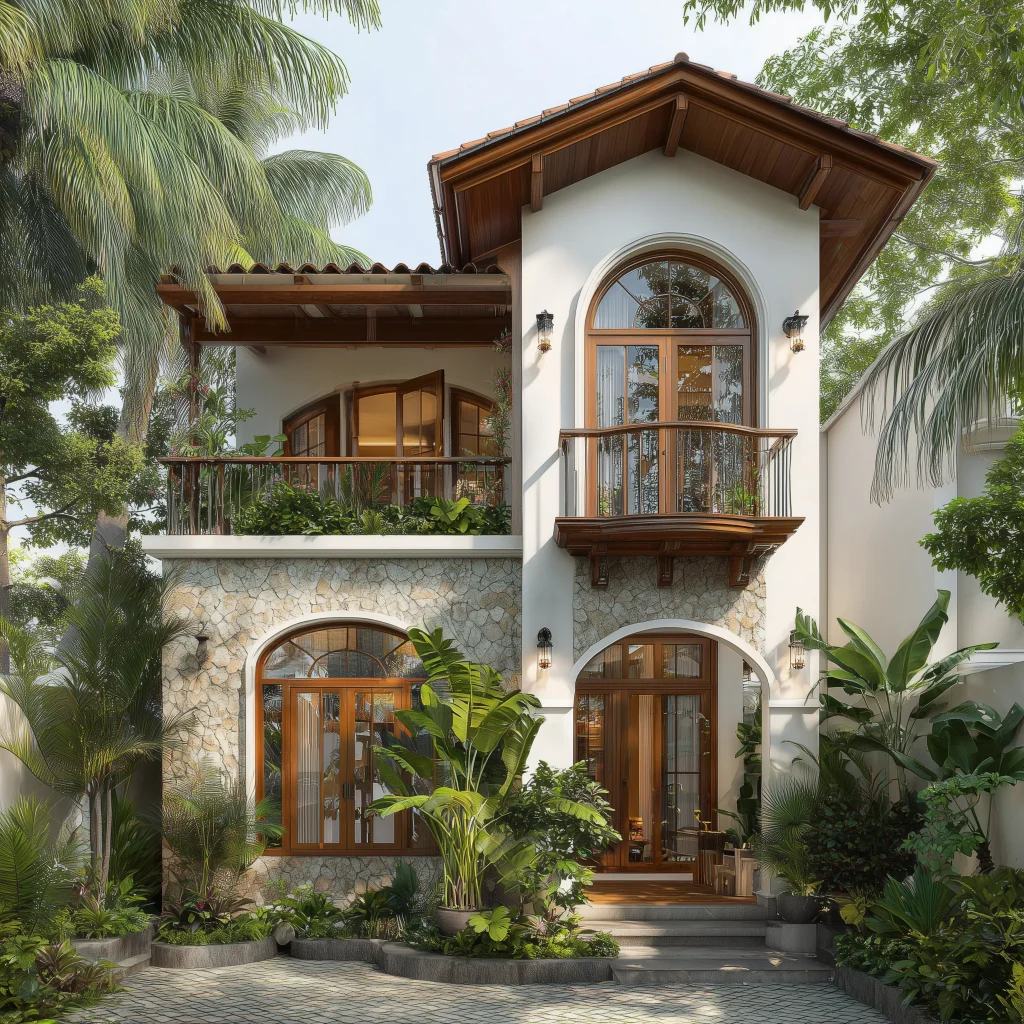 Konsep desain rumah Mediterania tropis dengan detal otentik dan jendela busur
