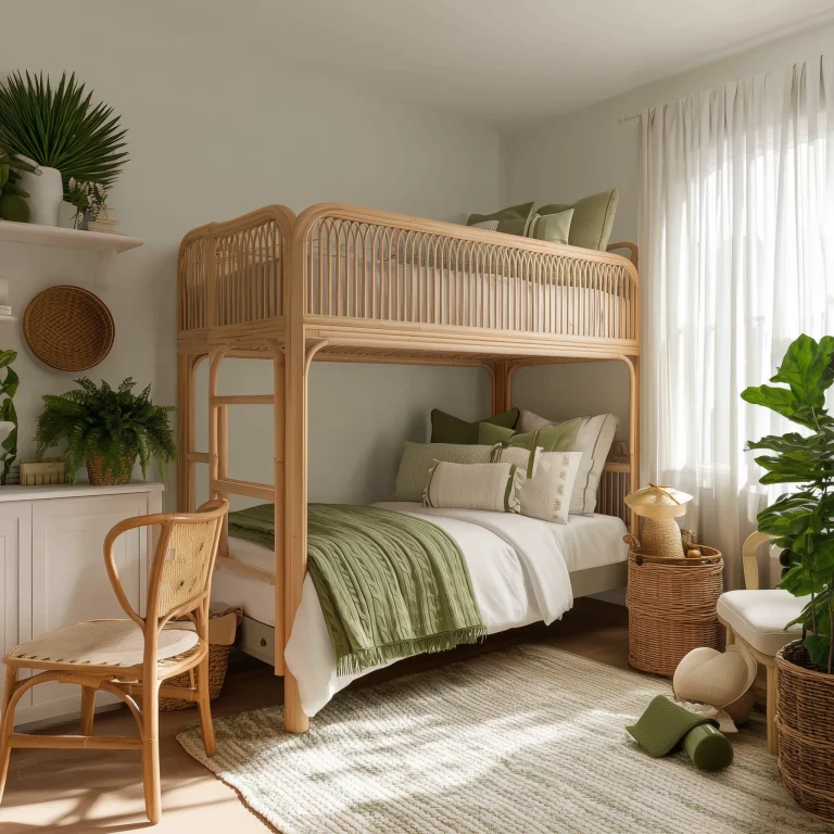 Desain kamar anak 3x3 meter tropical dengan bunk bed rattan natural, bedding putih hijau sage, tanaman dalam pot, keranjang anyaman, dan jendela dengan tirai putih