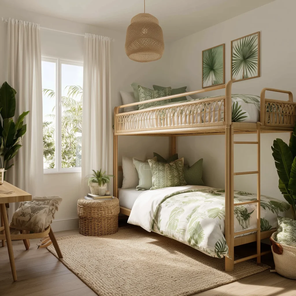 Interior kamar anak 3x3 meter tropical island dengan bunk bed rattan, bedding motif daun palm, pendant light anyaman, dan tanaman hijau