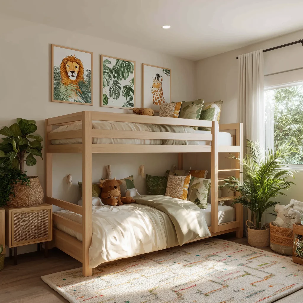 Desain kamar anak tema jungle safari dengan bunk bed kayu natural, bedding cream hijau sage, wall art lion giraffe monstera, tanaman palm dalam pot, dan karpet pola tribal