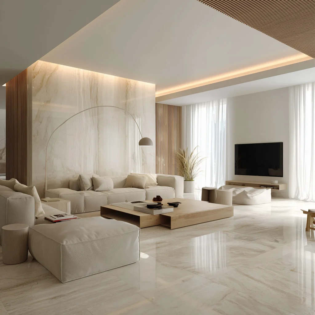 Desain ruang tamu all white luxury modern dengan marble wall accent backlit, wooden slat ceiling detail, cove lighting LED, sofa putih modular oversized, coffee table kayu minimalis, arc floor lamp sculptural