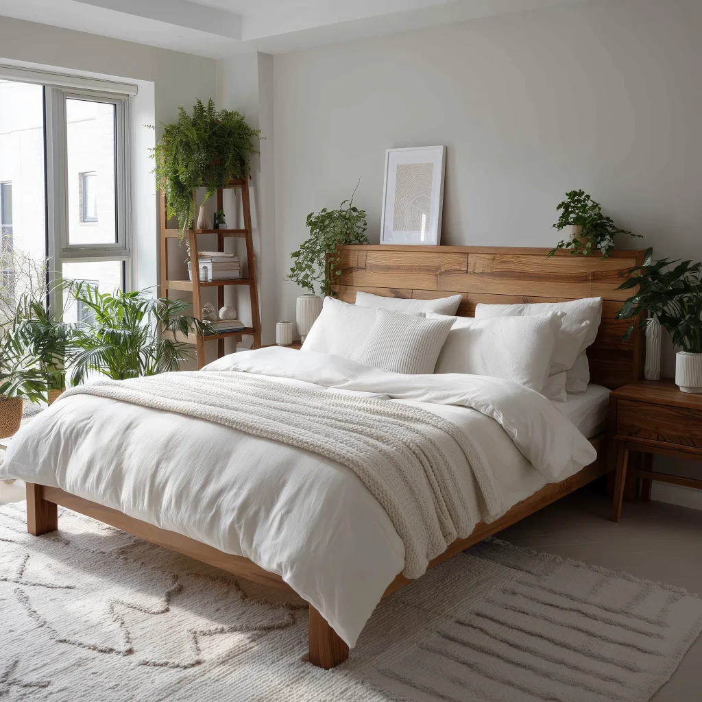 Interior kamar tidur utama modern natural dengan headboard kayu natural horizontal grain, platform bed kayu, bedding putih dengan throw cream, ladder shelf dengan tanaman fern, dan tufted rug cream