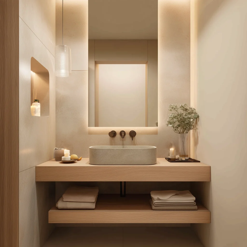 Inspirasi Kamar Mandi Kecil dengan Cermin Besar