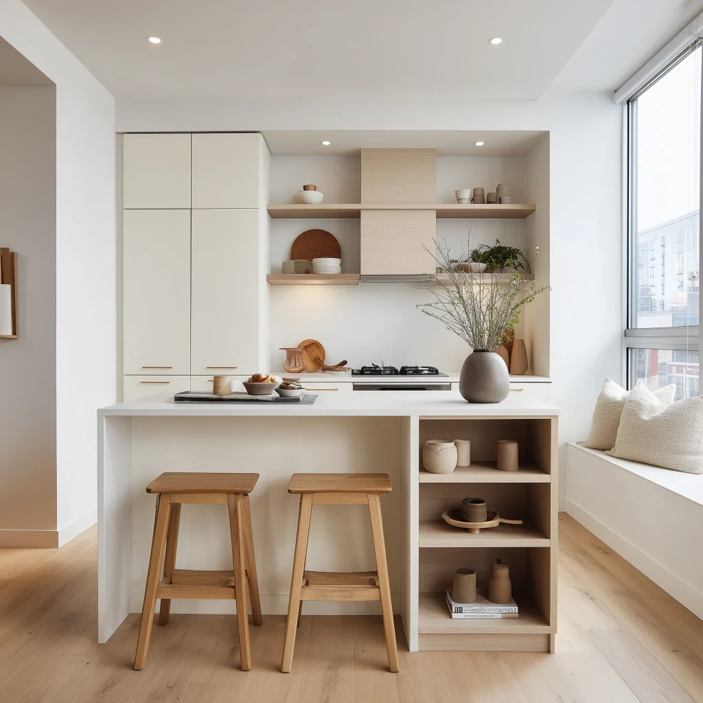 Konsep desain dapur gaya Japandi dengan island table minimalis dan palet warna netral