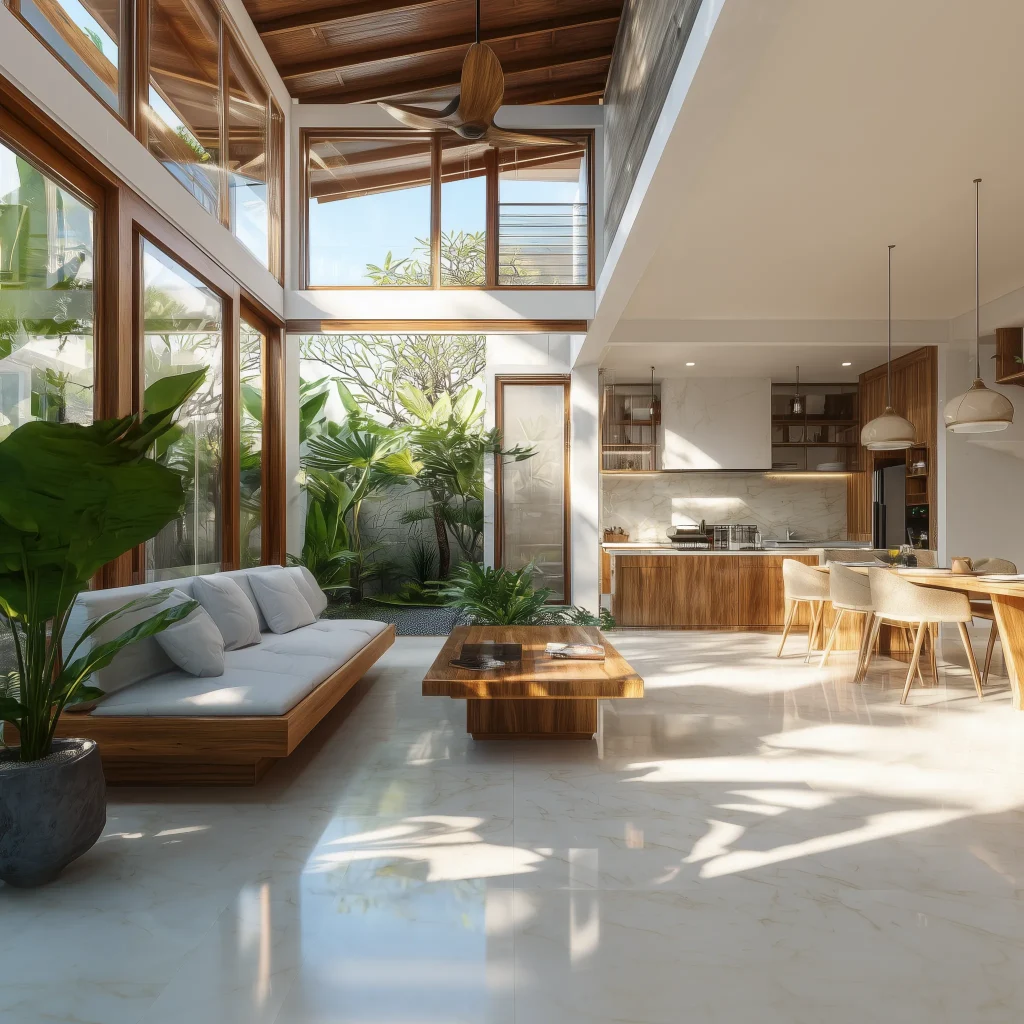 Konsep desain ruang keluarga open space yang terhubung langsung dengan dapur dan teras