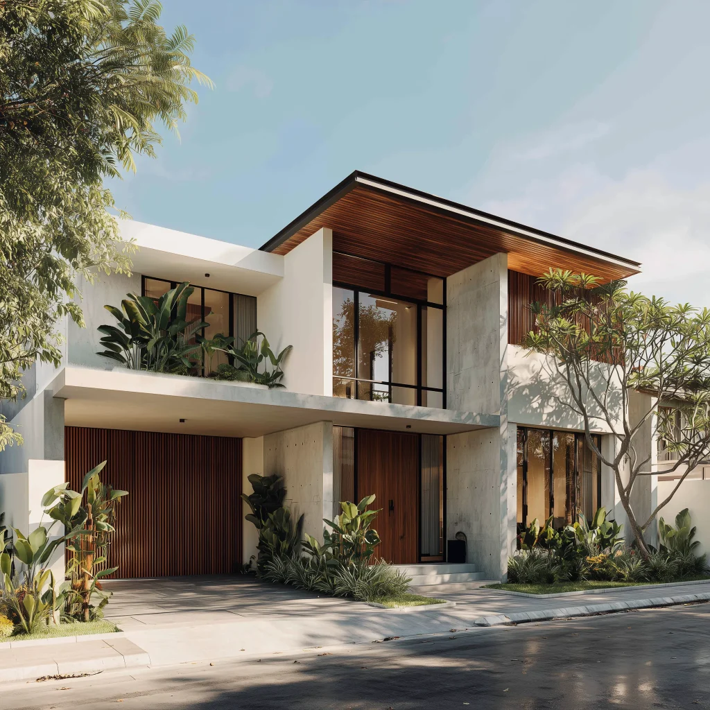 Fasad Kaca & Dinding Beton Putih