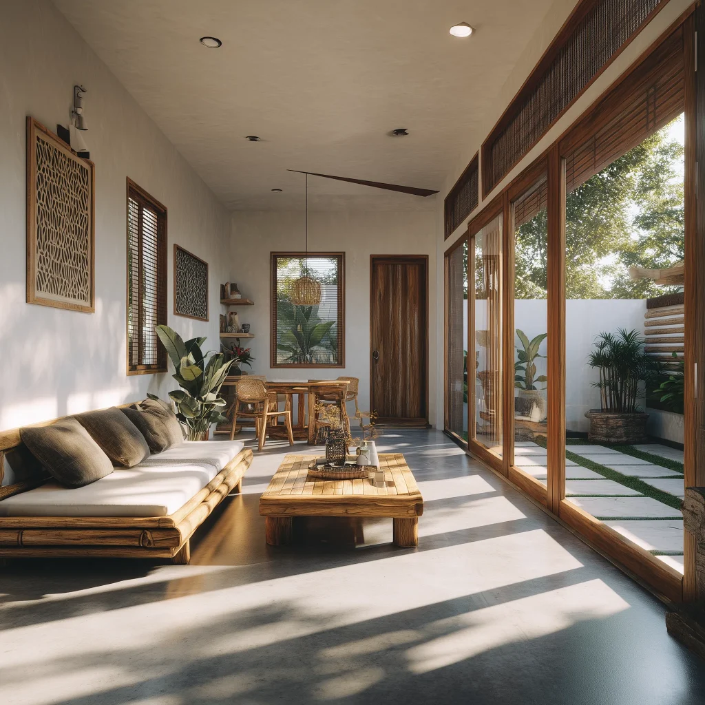 Konsep desain ruang keluarga open space dengan lantai beton polos dan furnitur bambu
