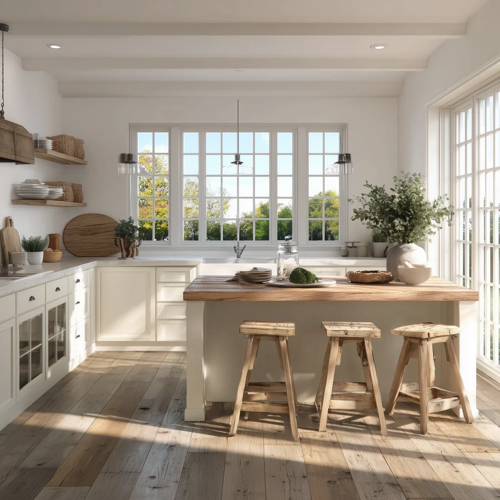 Desain Interior Dapur Farmhouse – Kombinasi Kayu Putih & Tone Natural