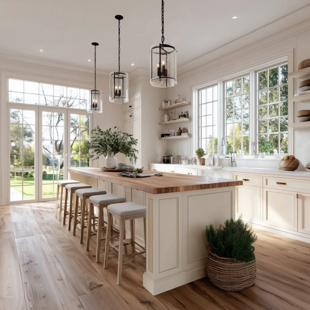 Desain Interior Dapur Farmhouse – Kombinasi Kayu Putih & Tone Natural