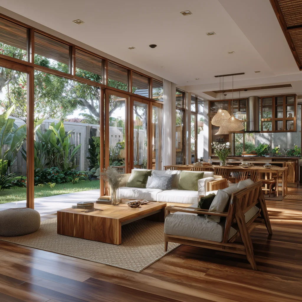Desain ruang keluarga open space tropis dengan furnitur kayu alami