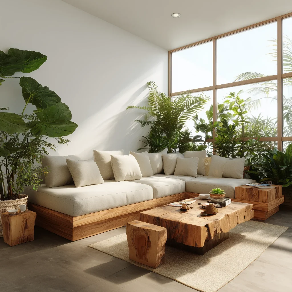Desain ruang keluarga tropis dengan sofa modular multifungsi warna netral