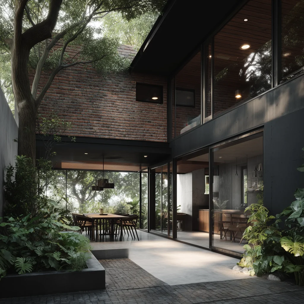 Konsep desain rumah industrial minimalis dengan courtyard dan ruang terbuka