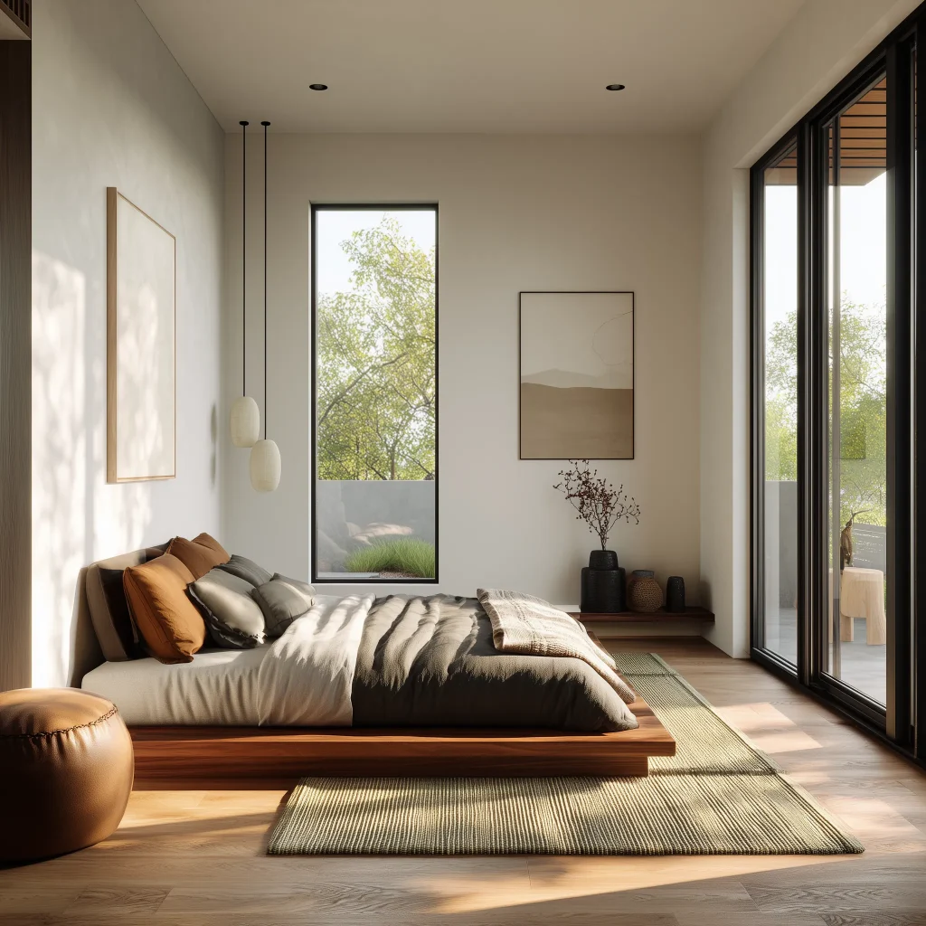 Sebuah kamar tidur bergaya Japandi yang menampilkan ranjang platform kayu rendah dengan selimut berwarna cokelat dan abu-abu. Terdapat pintu geser kaca yang mengarah ke balkon, sebuah jendela vertikal yang tinggi, dan beberapa karya seni minimalis di dinding
