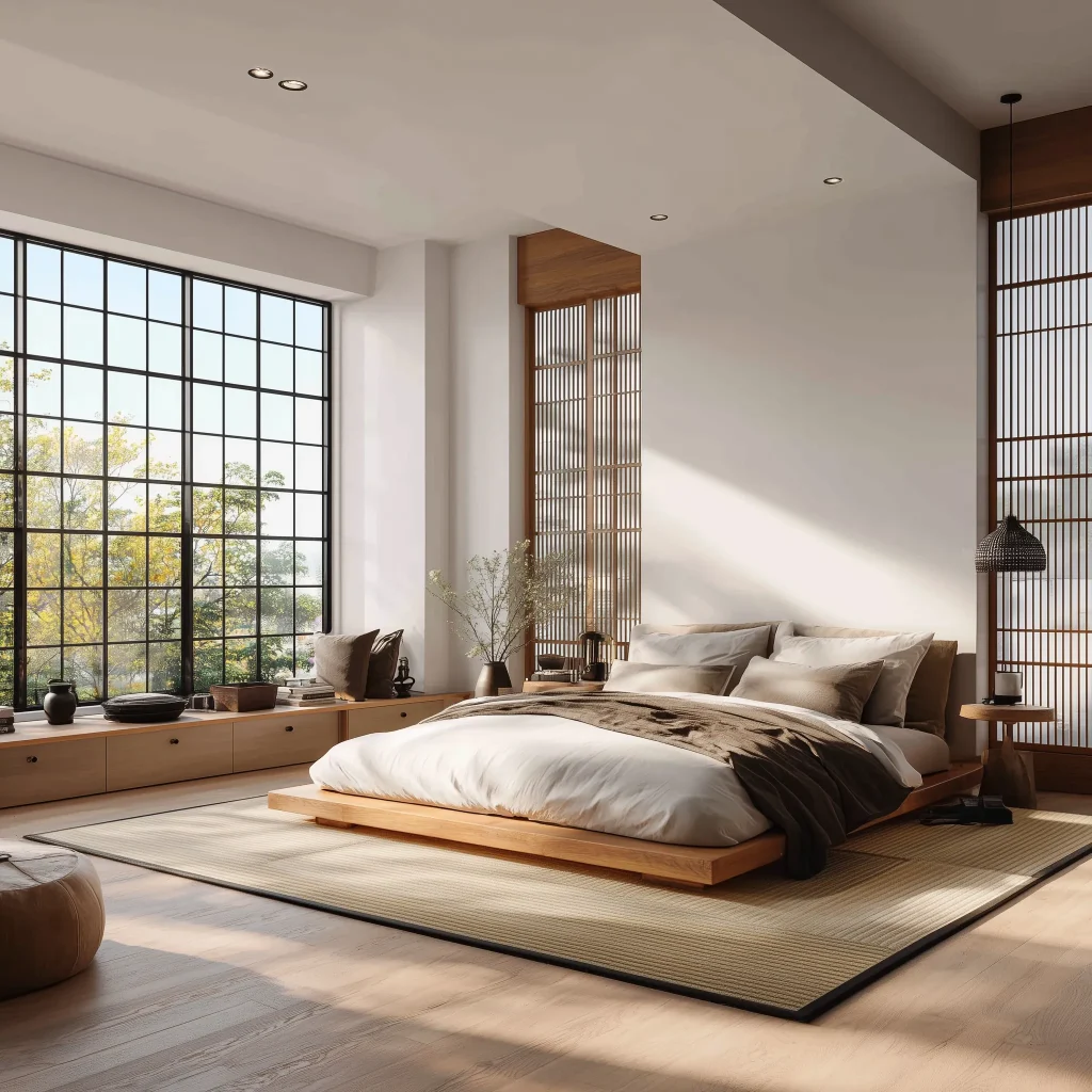 kamar tidur bergaya Skandinavia yang cerah dengan ranjang kayu rendah berseprai warna krem. Pintu kaca besar berbingkai kayu terbuka ke arah taman hijau yang rimbun, menciptakan suasana yang menyatu dengan alam