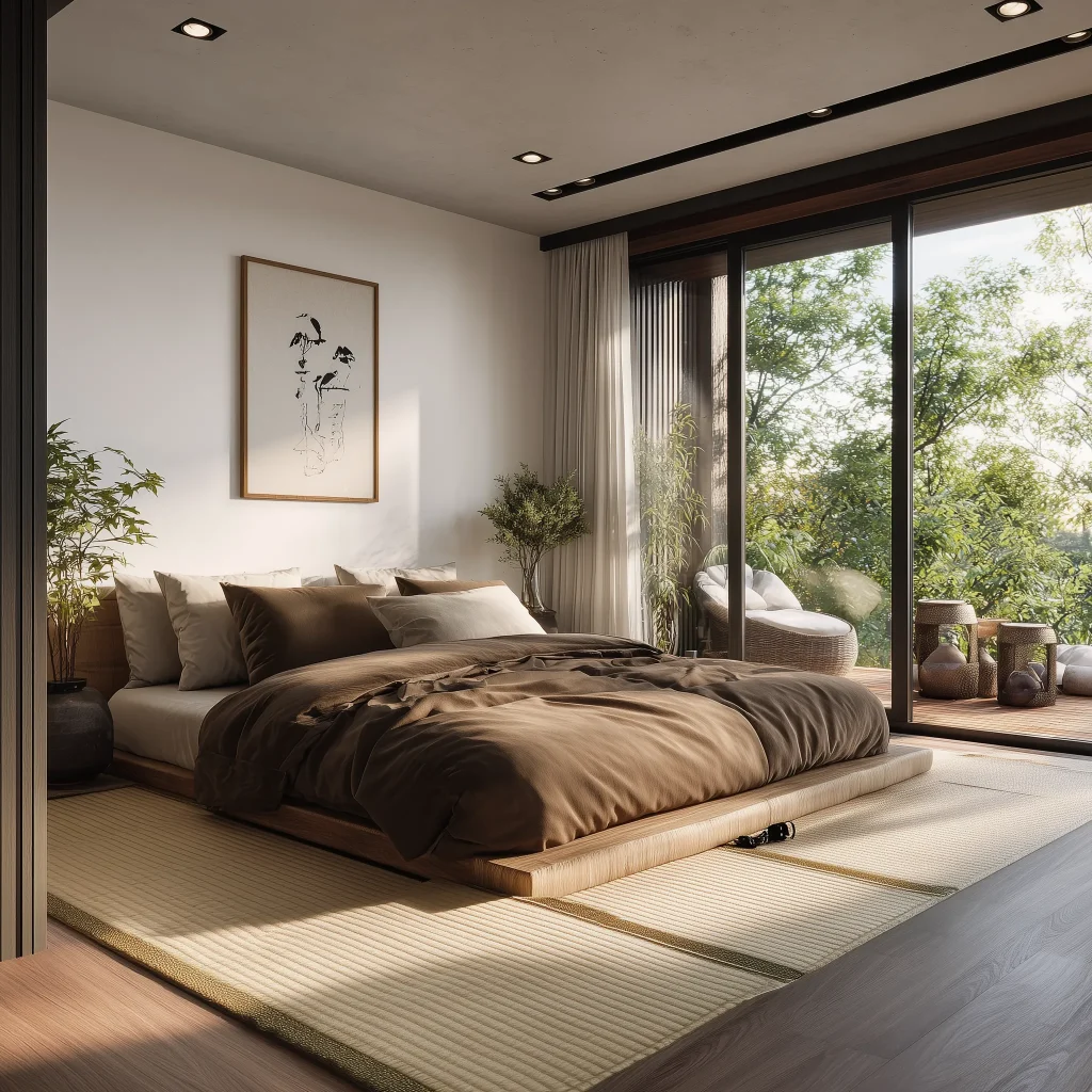 Sebuah kamar tidur Japandi yang nyaman dengan ranjang platform rendah berselimut cokelat tua di atas lantai tatami. Pintu kaca geser terbuka lebar ke balkon yang dikelilingi oleh tanaman hijau lebat, menciptakan nuansa retret yang privat.
